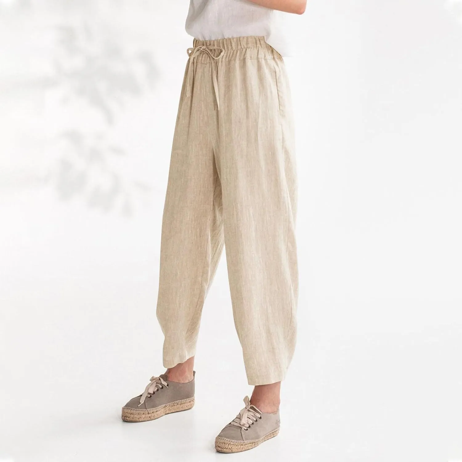 2024 Summer Linen Palazzo Pants Womens Casual Loose Drawstring Beach Palazzo Harem Joggers Pants with Pockets