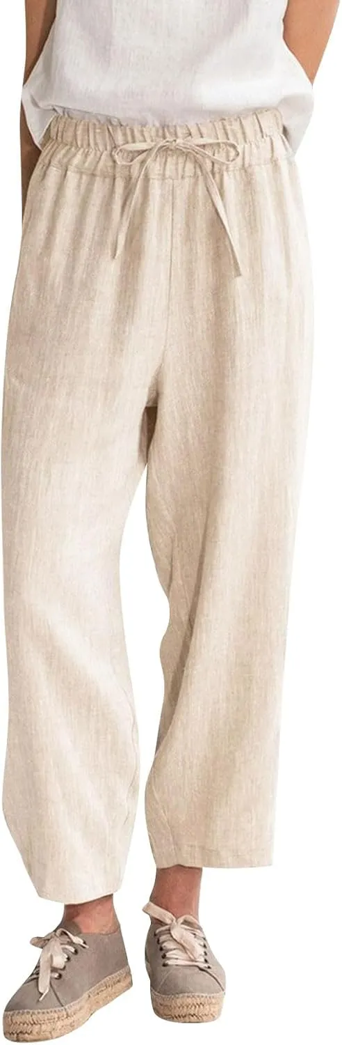 2024 Summer Linen Palazzo Pants Womens Casual Loose Drawstring Beach Palazzo Harem Joggers Pants with Pockets