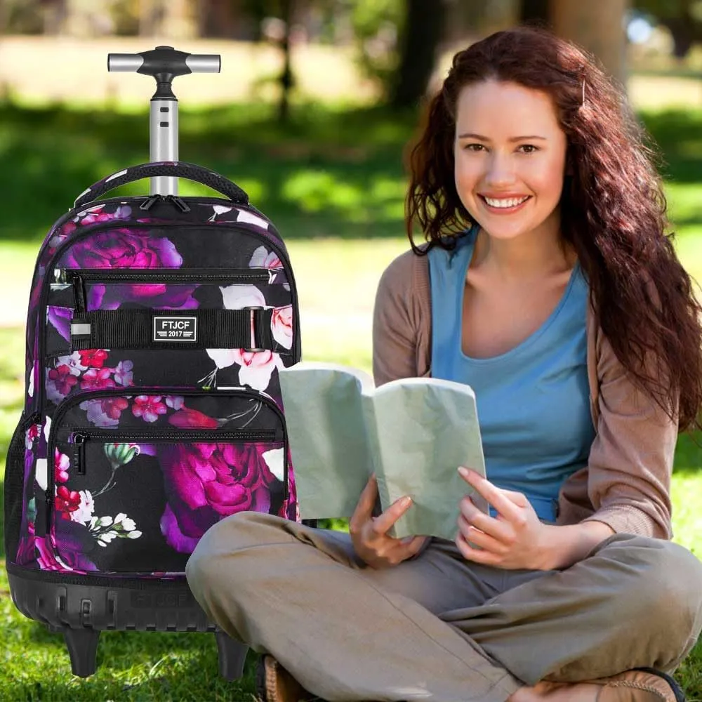 3Pcs Rolling Backpack for Girls, 19 Inche Rose Roller Bag with Wheels, Adults Wheeled Bookbag Set for Women(Black)