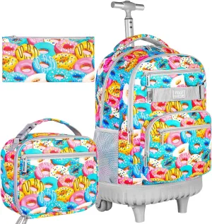 3PCS Rolling Backpack for Women Girls, 19 Inche Roller Bag with Wheels for Adults, Wheeled Bookbag with Lunch Box(Donuts)