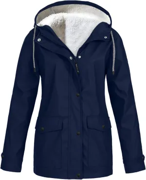 Active Hooded Rain Jackets Women's Fleece Lined Raincoat Waterproof Lightweight Outdoor Windbreaker Trench Rain Coats