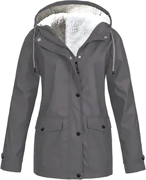 Active Hooded Rain Jackets Women's Fleece Lined Raincoat Waterproof Lightweight Outdoor Windbreaker Trench Rain Coats