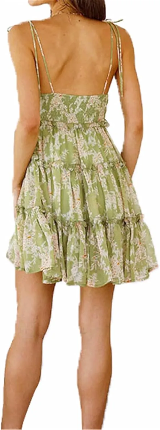 AELSON Sundresses for Women 2025 Floral Summer Dress Boho Flowy Cute Dresses Spaghetti Strap Sleeveless Ruffle Mini Dress