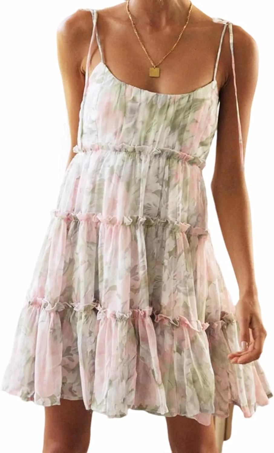 AELSON Sundresses for Women 2025 Floral Summer Dress Boho Flowy Cute Dresses Spaghetti Strap Sleeveless Ruffle Mini Dress