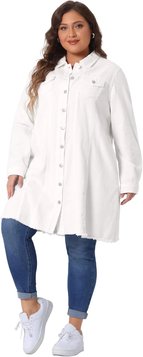 Agnes Orinda Women's Plus Size Denim Jacket Casual Long Distressed Button Up Pockets Jean Jackets