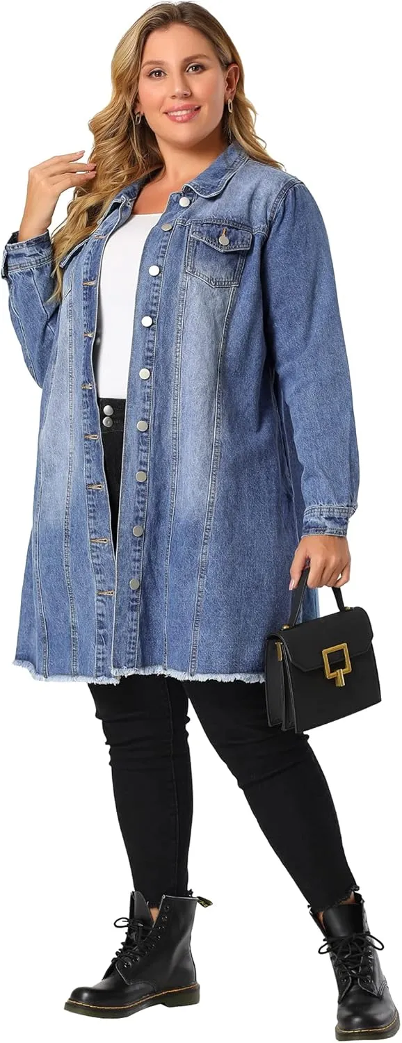 Agnes Orinda Women's Plus Size Denim Jacket Casual Long Distressed Button Up Pockets Jean Jackets