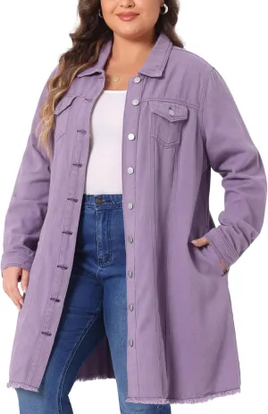 Agnes Orinda Women's Plus Size Denim Jacket Casual Long Distressed Button Up Pockets Jean Jackets