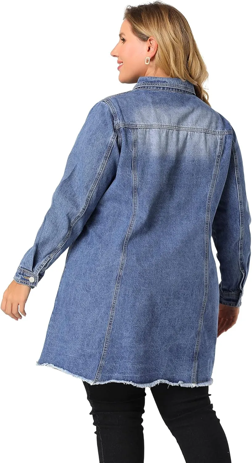 Agnes Orinda Women's Plus Size Denim Jacket Casual Long Distressed Button Up Pockets Jean Jackets