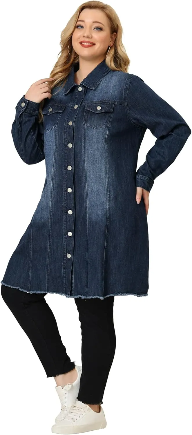 Agnes Orinda Women's Plus Size Denim Jacket Casual Long Distressed Button Up Pockets Jean Jackets