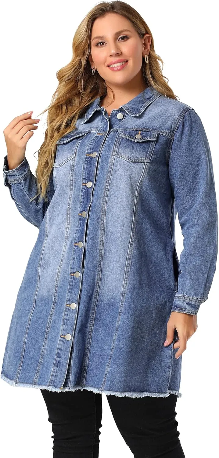 Agnes Orinda Women's Plus Size Denim Jacket Casual Long Distressed Button Up Pockets Jean Jackets