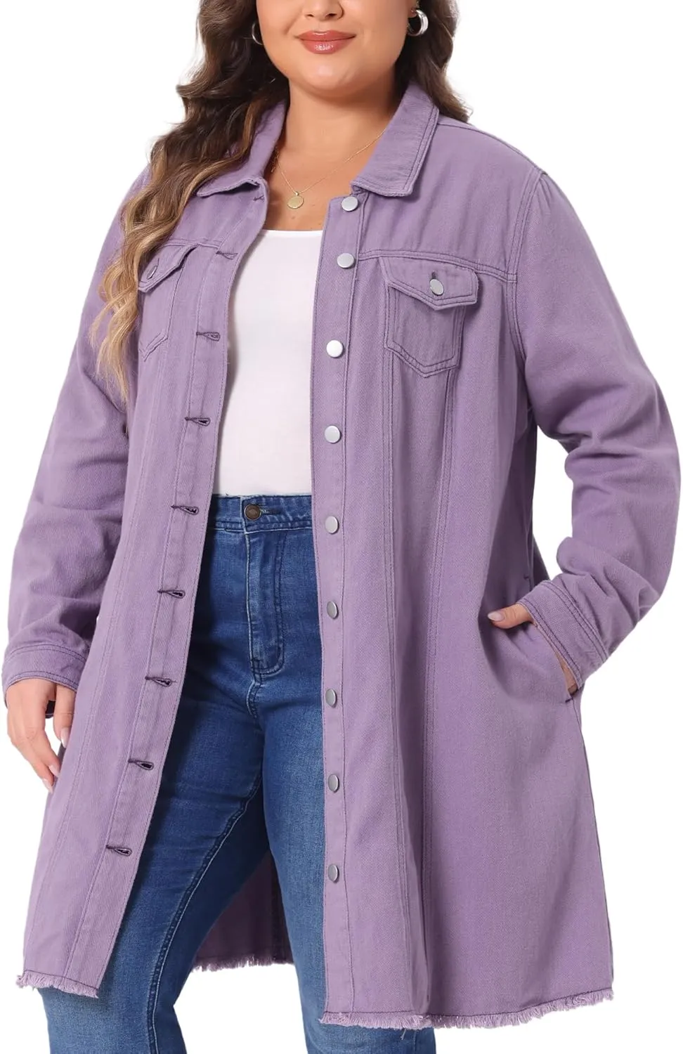 Agnes Orinda Women's Plus Size Denim Jacket Casual Long Distressed Button Up Pockets Jean Jackets