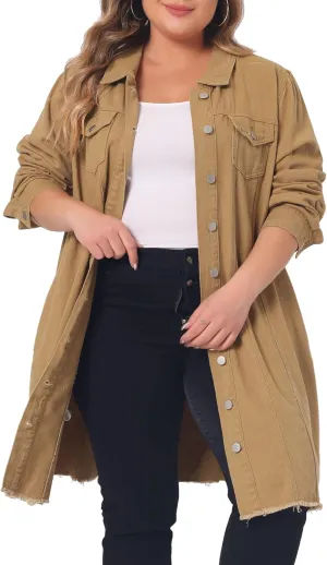 Agnes Orinda Women's Plus Size Denim Jacket Casual Long Distressed Button Up Pockets Jean Jackets