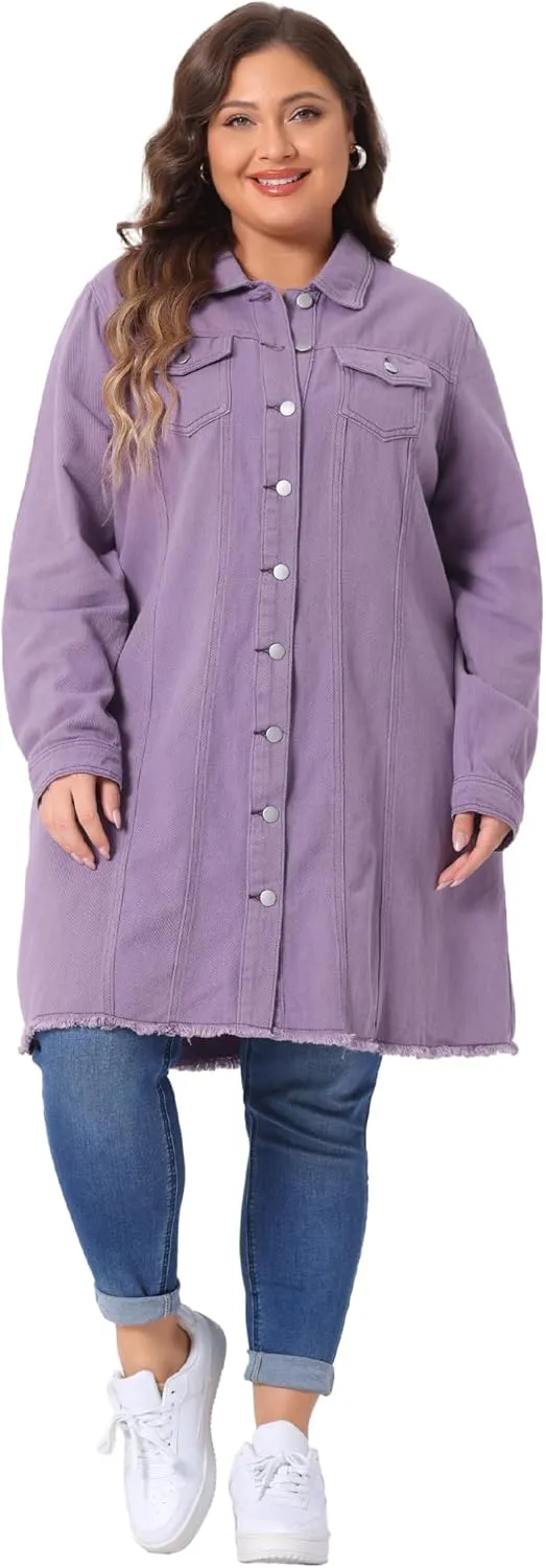 Agnes Orinda Women's Plus Size Denim Jacket Casual Long Distressed Button Up Pockets Jean Jackets