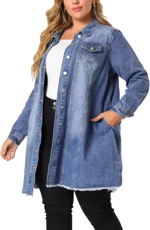 Agnes Orinda Women's Plus Size Denim Jacket Casual Long Distressed Button Up Pockets Jean Jackets