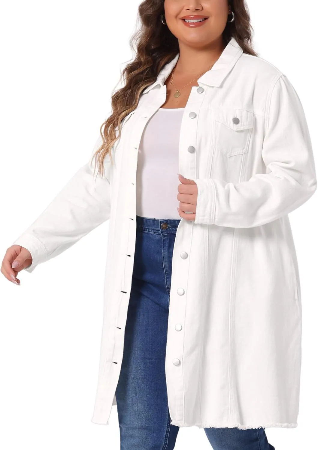 Agnes Orinda Women's Plus Size Denim Jacket Casual Long Distressed Button Up Pockets Jean Jackets
