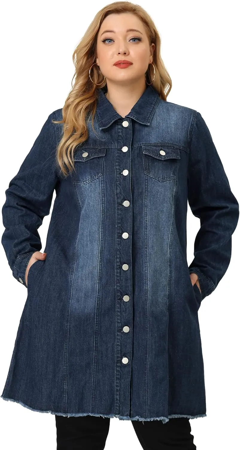 Agnes Orinda Women's Plus Size Denim Jacket Casual Long Distressed Button Up Pockets Jean Jackets