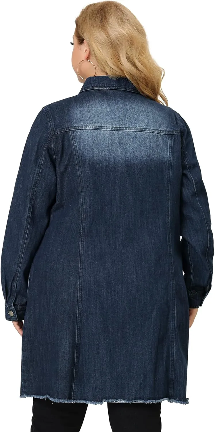 Agnes Orinda Women's Plus Size Denim Jacket Casual Long Distressed Button Up Pockets Jean Jackets