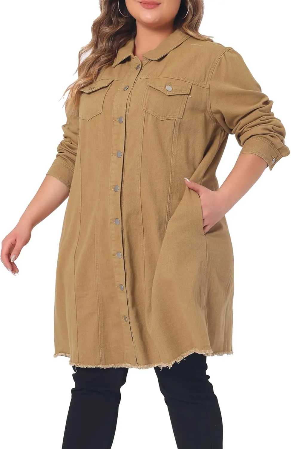 Agnes Orinda Women's Plus Size Denim Jacket Casual Long Distressed Button Up Pockets Jean Jackets
