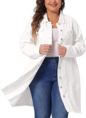 Agnes Orinda Women's Plus Size Denim Jacket Casual Long Distressed Button Up Pockets Jean Jackets
