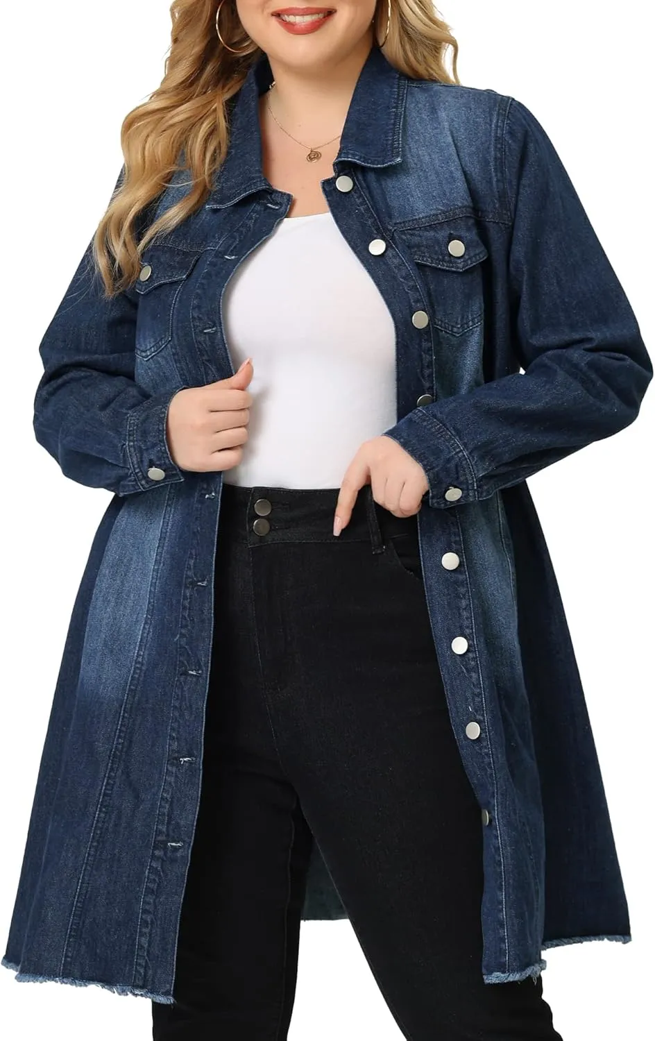Agnes Orinda Women's Plus Size Denim Jacket Casual Long Distressed Button Up Pockets Jean Jackets