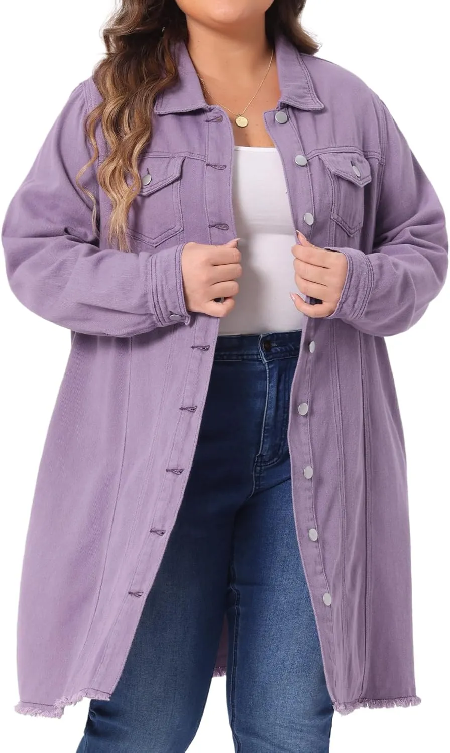 Agnes Orinda Women's Plus Size Denim Jacket Casual Long Distressed Button Up Pockets Jean Jackets
