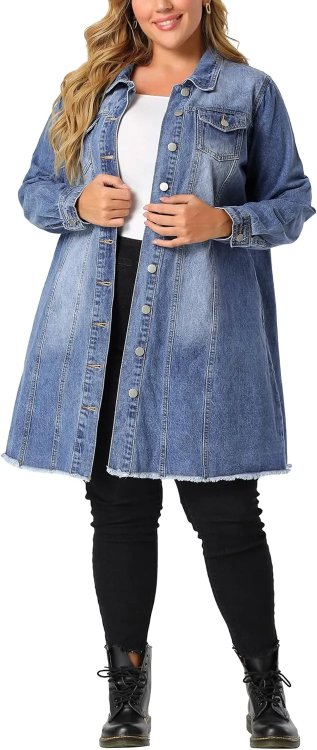 Agnes Orinda Women's Plus Size Denim Jacket Casual Long Distressed Button Up Pockets Jean Jackets