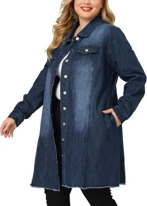 Agnes Orinda Women's Plus Size Denim Jacket Casual Long Distressed Button Up Pockets Jean Jackets