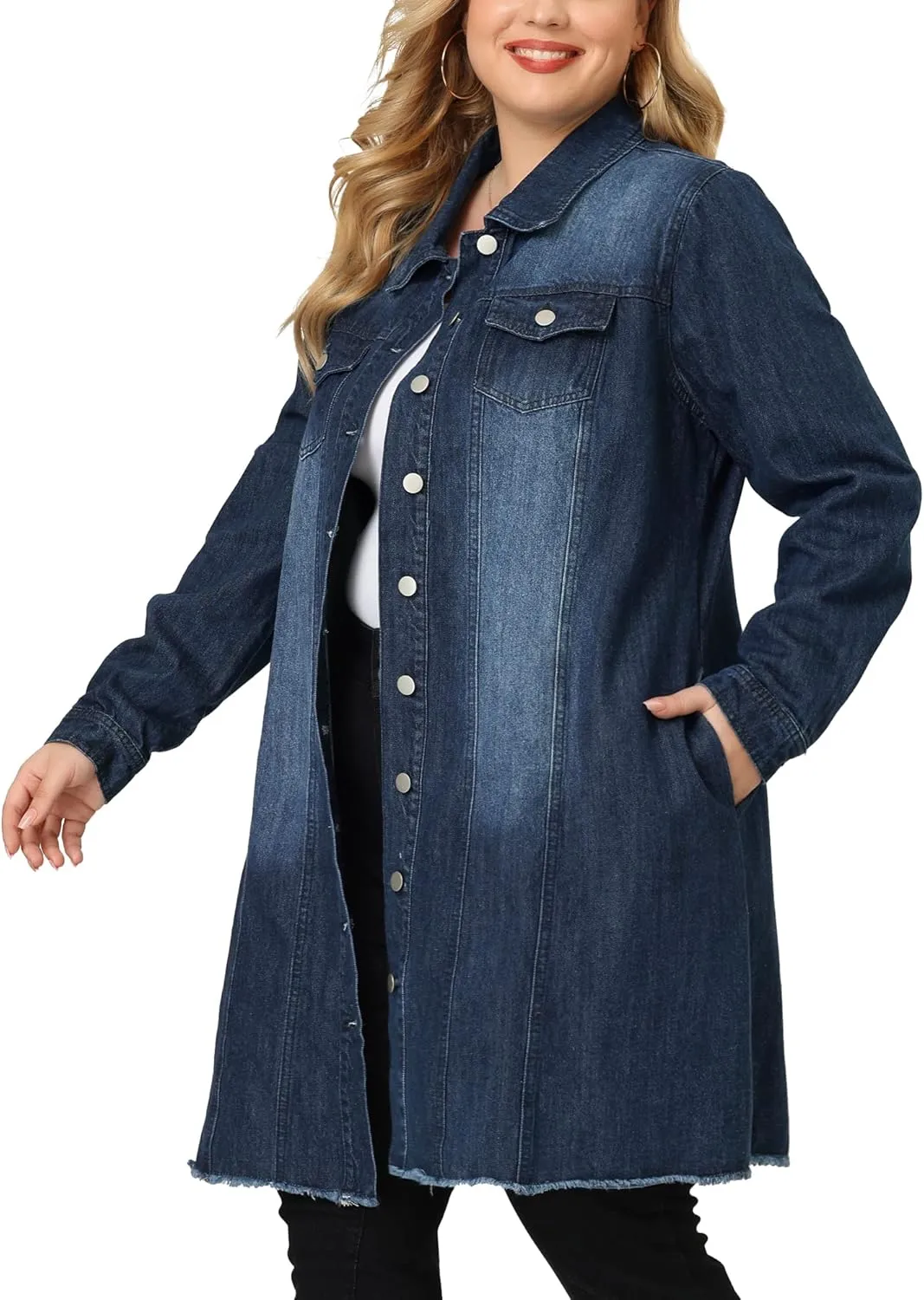 Agnes Orinda Women's Plus Size Denim Jacket Casual Long Distressed Button Up Pockets Jean Jackets