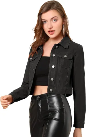 Allegra K Women's Button Down Denim Jacket Check Cuffs Casual Cropped Jean Jackets