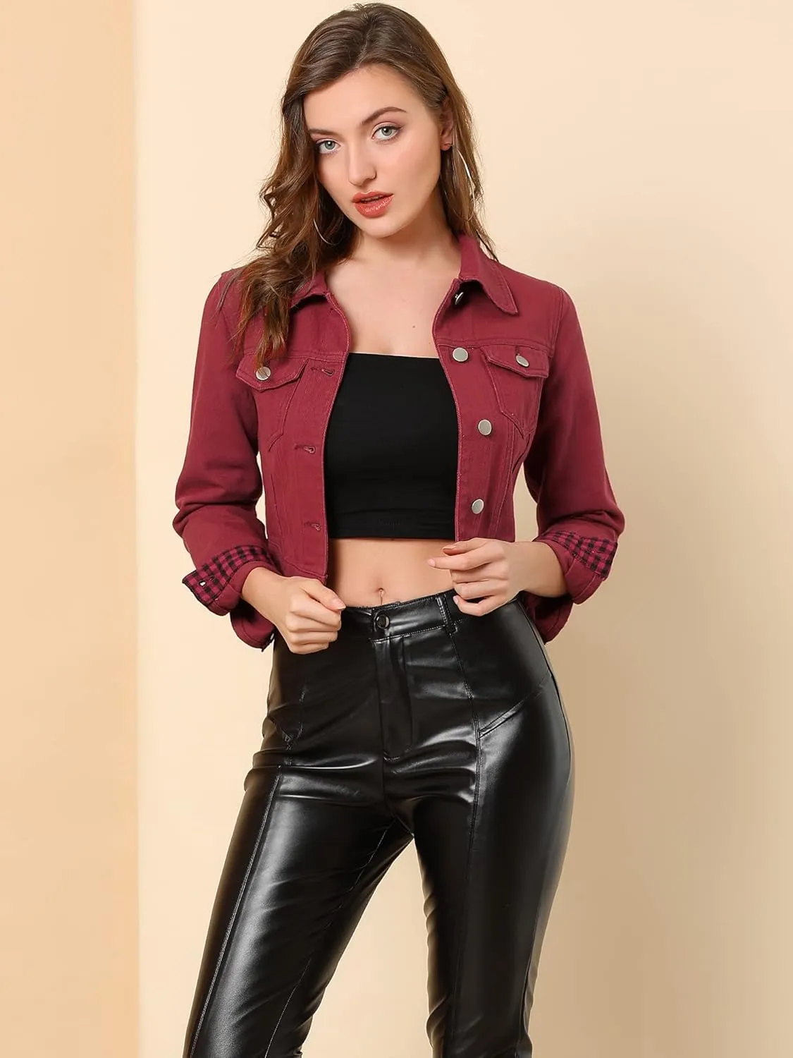 Allegra K Women's Button Down Denim Jacket Check Cuffs Casual Cropped Jean Jackets