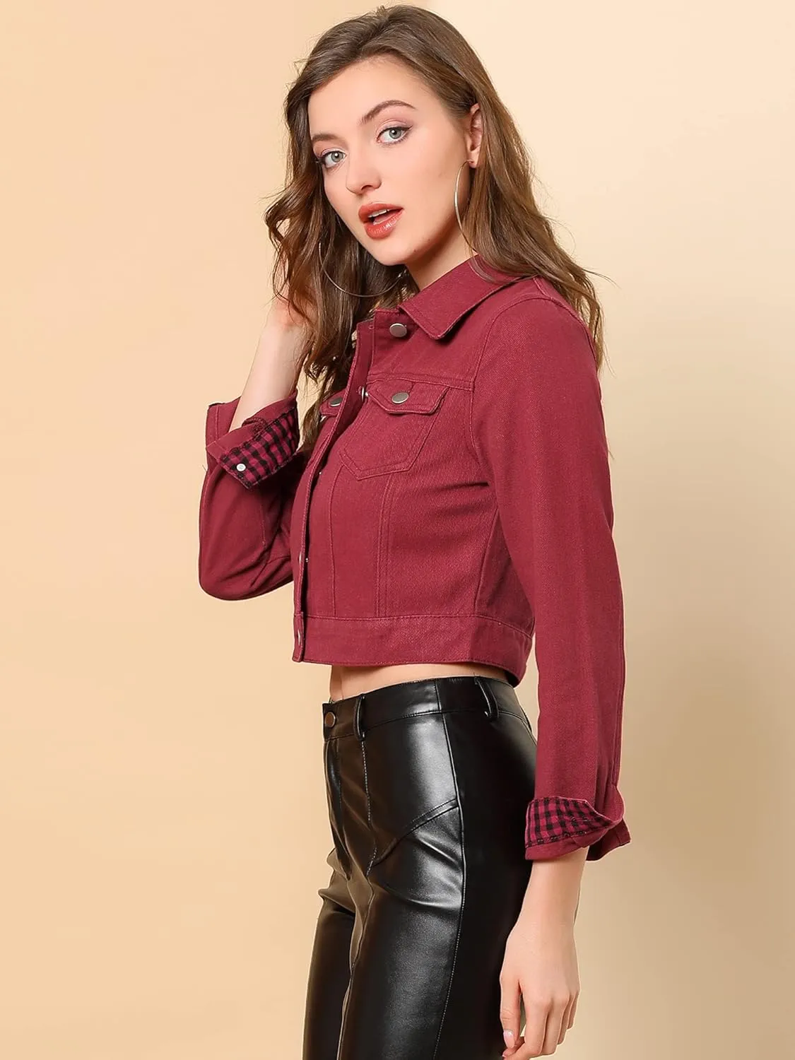 Allegra K Women's Button Down Denim Jacket Check Cuffs Casual Cropped Jean Jackets