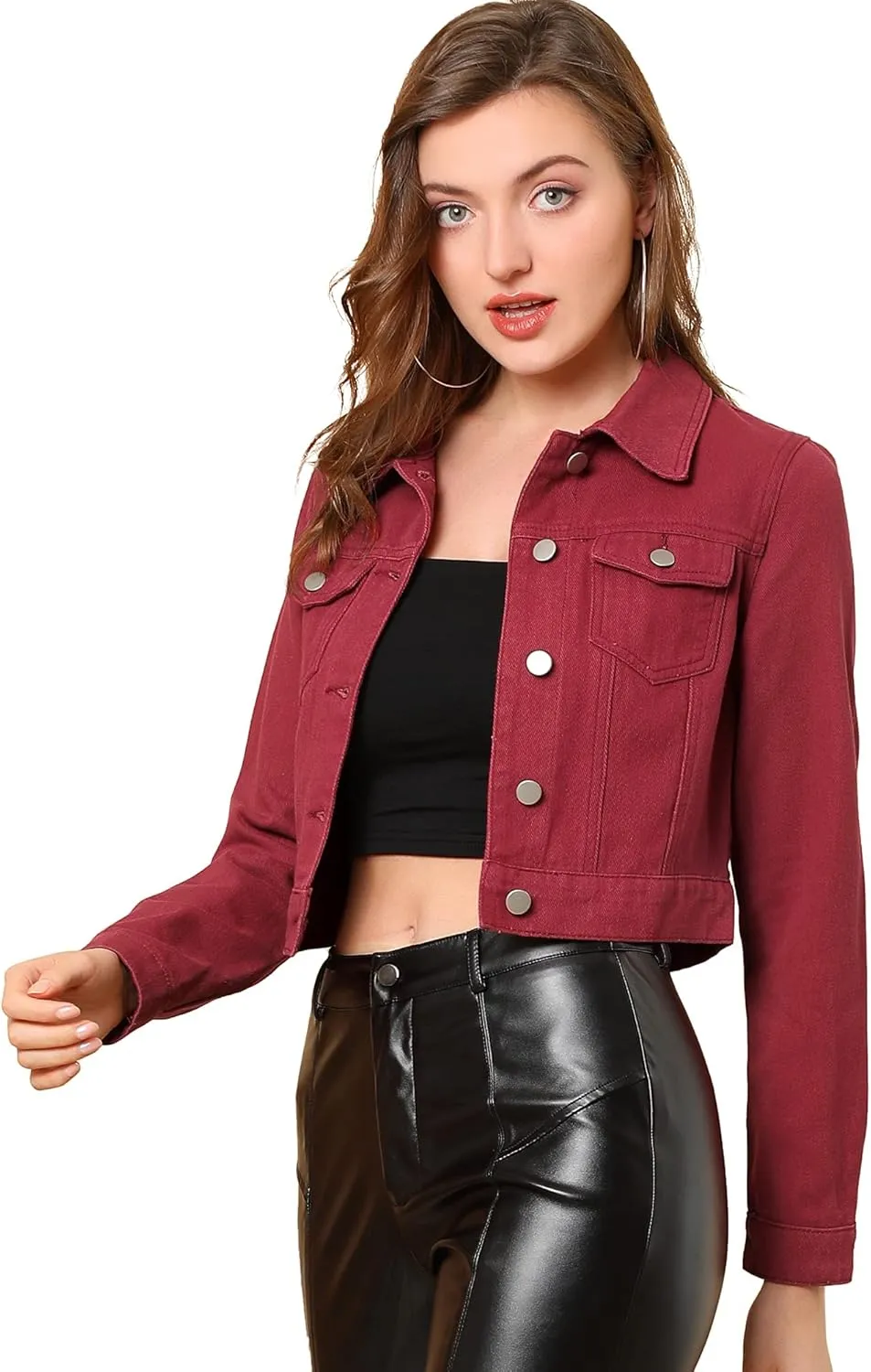 Allegra K Women's Button Down Denim Jacket Check Cuffs Casual Cropped Jean Jackets