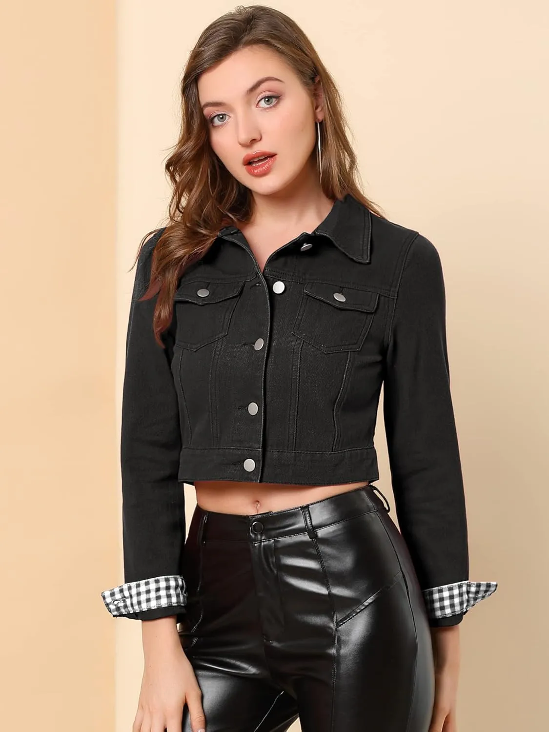 Allegra K Women's Button Down Denim Jacket Check Cuffs Casual Cropped Jean Jackets