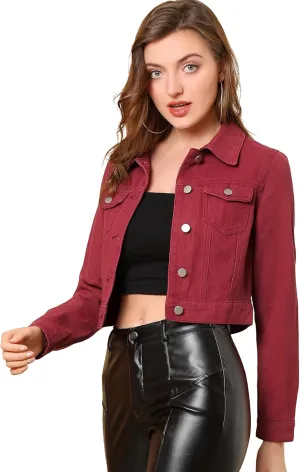 Allegra K Women's Button Down Denim Jacket Check Cuffs Casual Cropped Jean Jackets