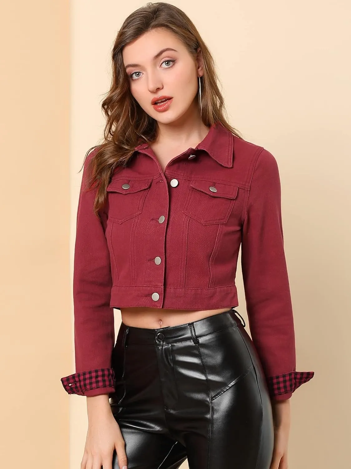 Allegra K Women's Button Down Denim Jacket Check Cuffs Casual Cropped Jean Jackets