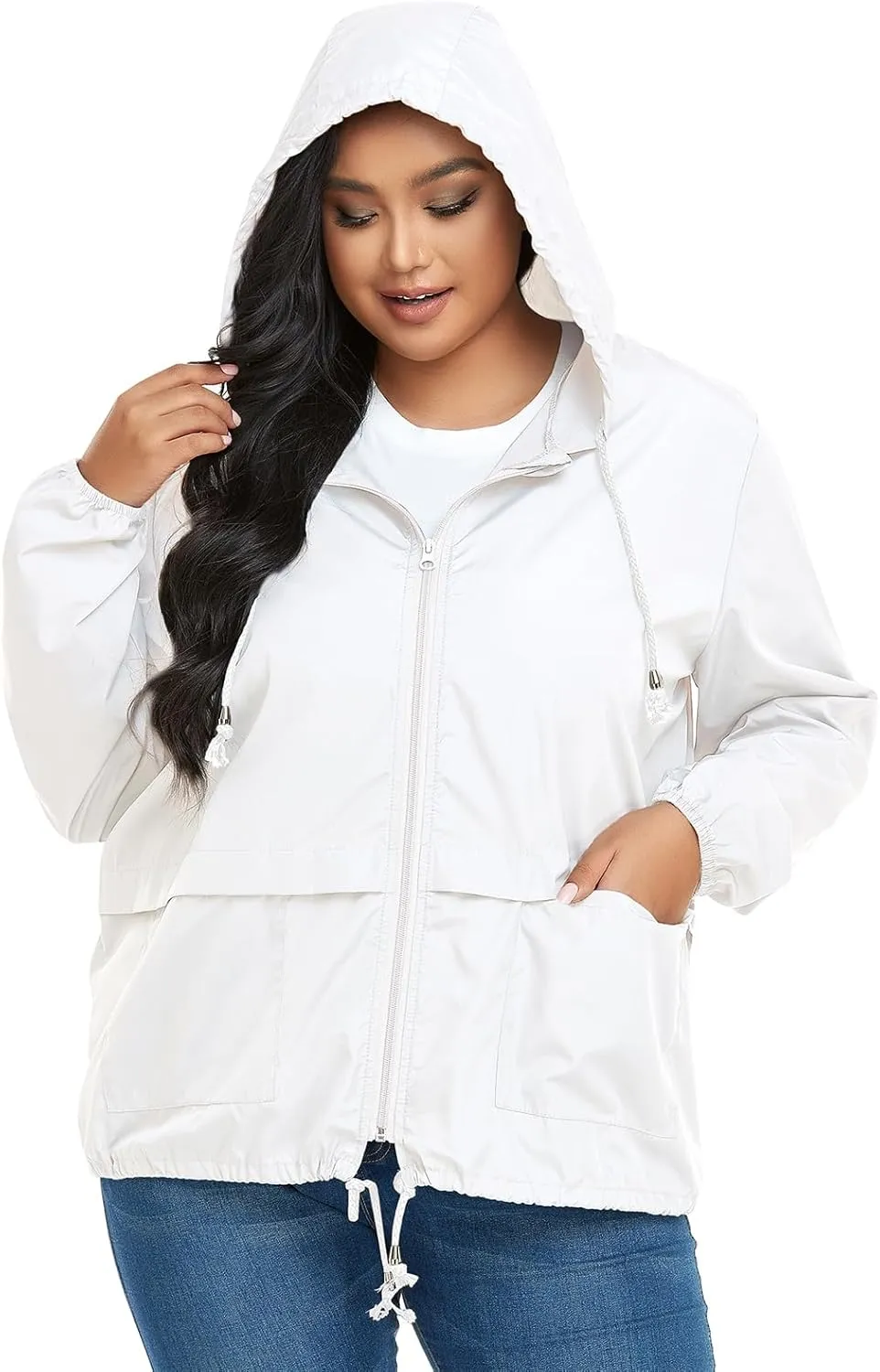 American Trends Women Plus Size Light RainCoat Jackets Packable Hooded Waterproof Windbreaker for Women