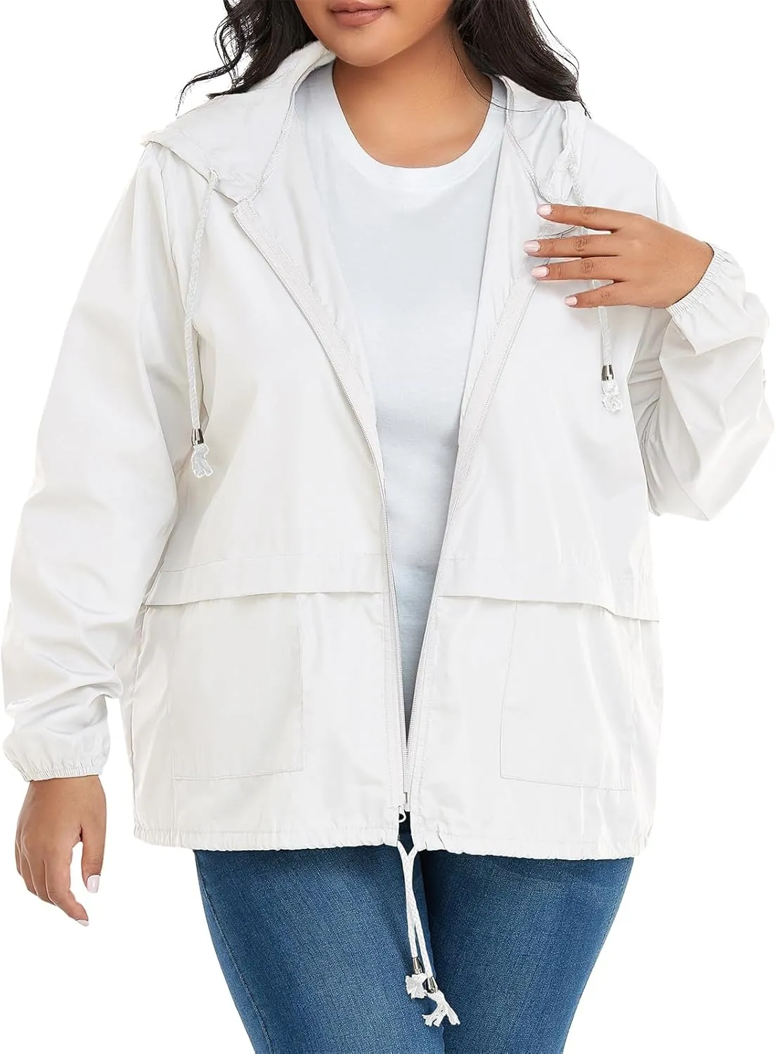 American Trends Women Plus Size Light RainCoat Jackets Packable Hooded Waterproof Windbreaker for Women