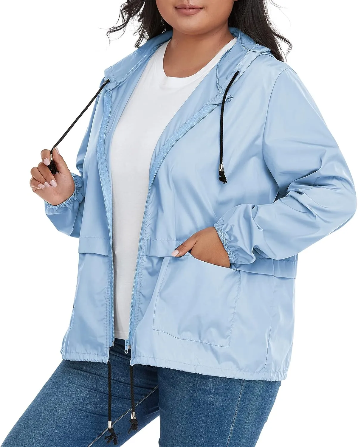 American Trends Women Plus Size Light RainCoat Jackets Packable Hooded Waterproof Windbreaker for Women