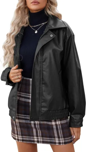 American Trends Womens Oversized Leather Jackets Faux Fall Fashion Bomber Motorcycle Coat Winter Outfits Clothes