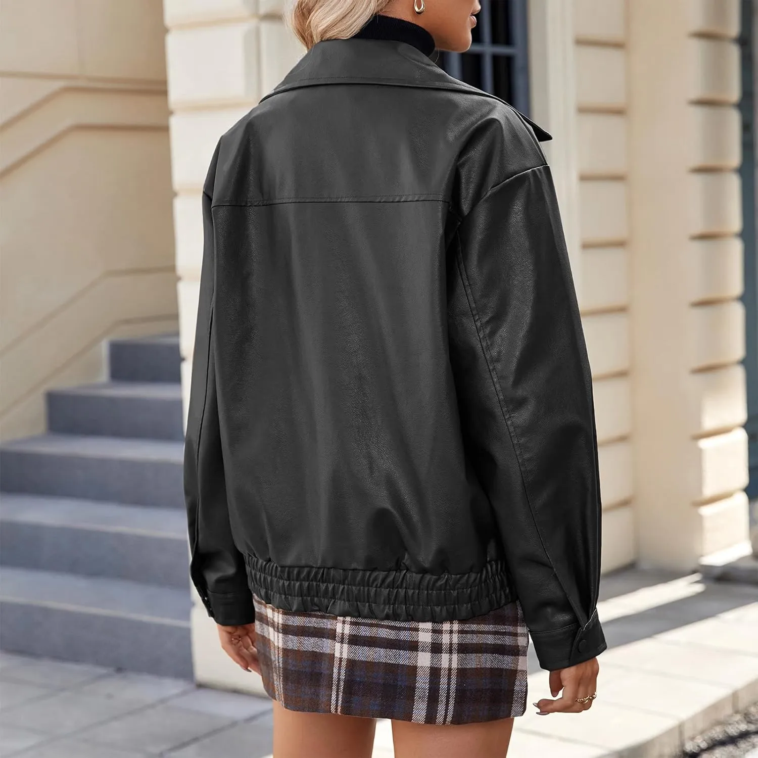 American Trends Womens Oversized Leather Jackets Faux Fall Fashion Bomber Motorcycle Coat Winter Outfits Clothes
