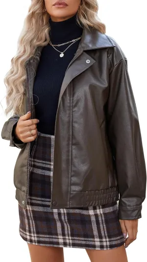 American Trends Womens Oversized Leather Jackets Faux Fall Fashion Bomber Motorcycle Coat Winter Outfits Clothes