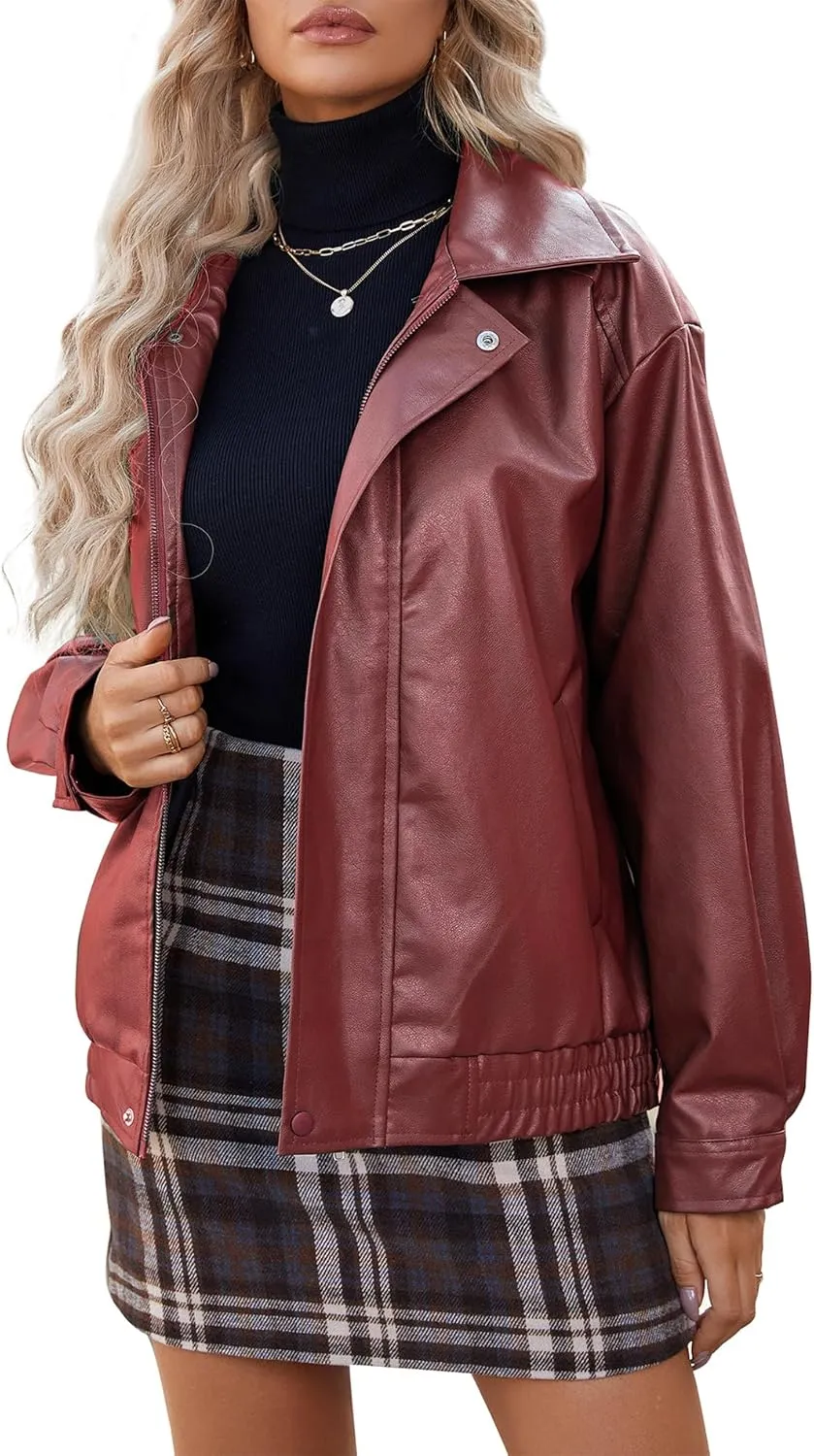 American Trends Womens Oversized Leather Jackets Faux Fall Fashion Bomber Motorcycle Coat Winter Outfits Clothes