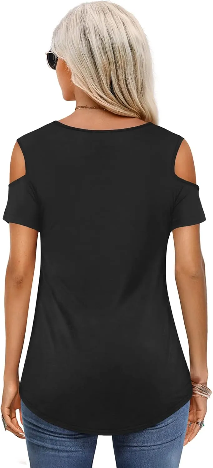Amoretu Womens Short Sleeve Cold Shoulder Basic Tee Tops Shirts