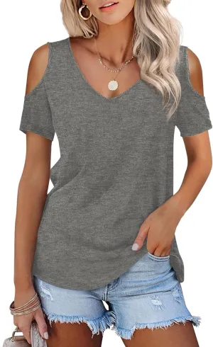 Amoretu Womens Short Sleeve Cold Shoulder Basic Tee Tops Shirts