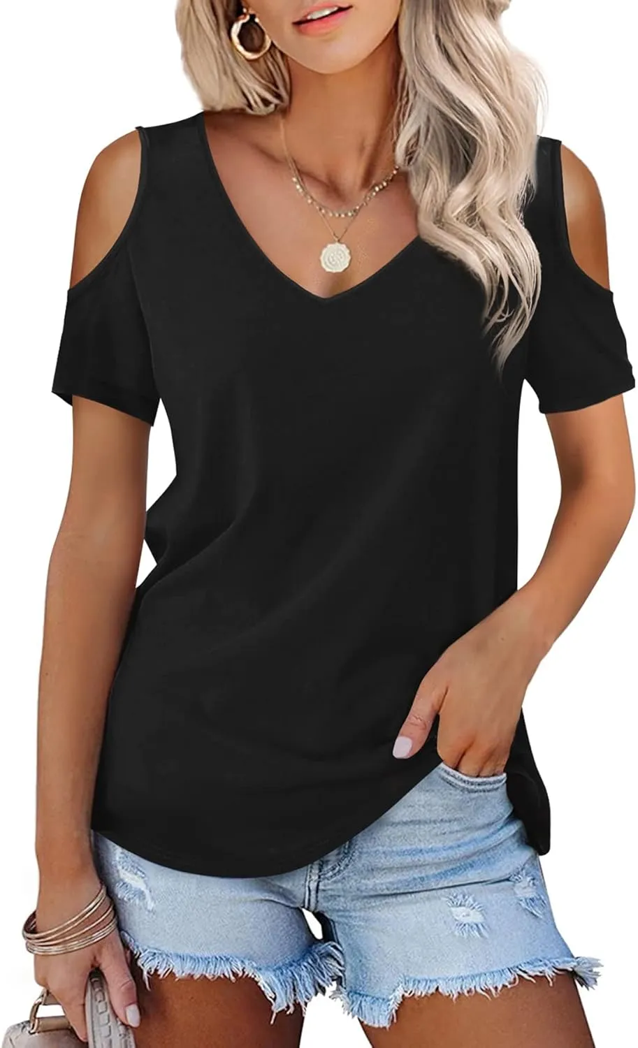 Amoretu Womens Short Sleeve Cold Shoulder Basic Tee Tops Shirts