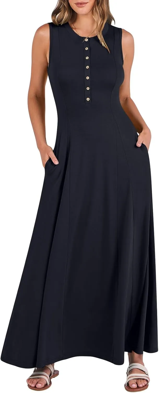 ANRABESS Women Summer Casual Sleeveless Maxi Sundress Button Fit & Flare A-Line Flowy Long Dresses 2025 Beach Outfits