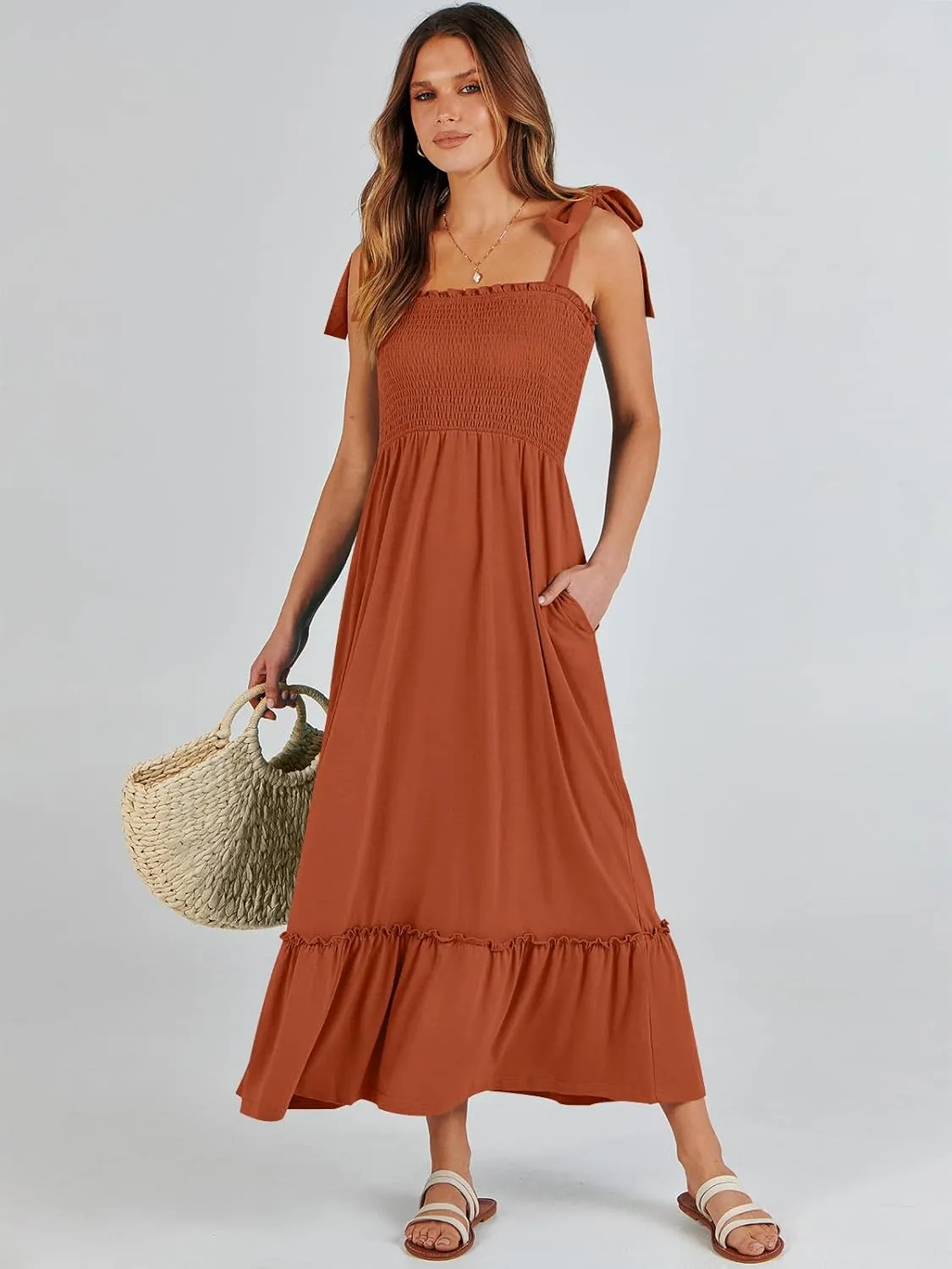 ANRABESS Women Summer Casual Strap Smocked Maxi Flowy Tiered A Line Beach Travel Sundress Wedding Guest Outfits