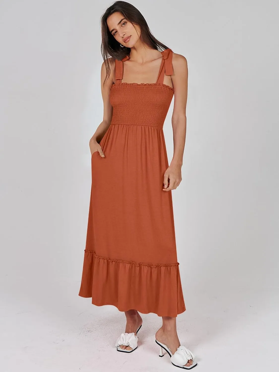 ANRABESS Women Summer Casual Strap Smocked Maxi Flowy Tiered A Line Beach Travel Sundress Wedding Guest Outfits