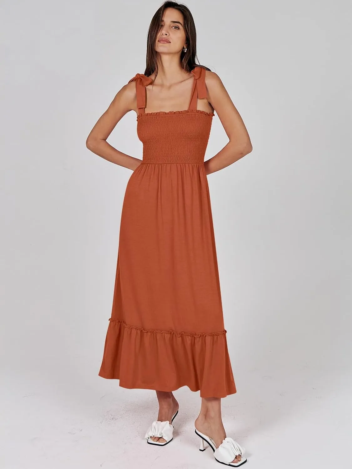 ANRABESS Women Summer Casual Strap Smocked Maxi Flowy Tiered A Line Beach Travel Sundress Wedding Guest Outfits