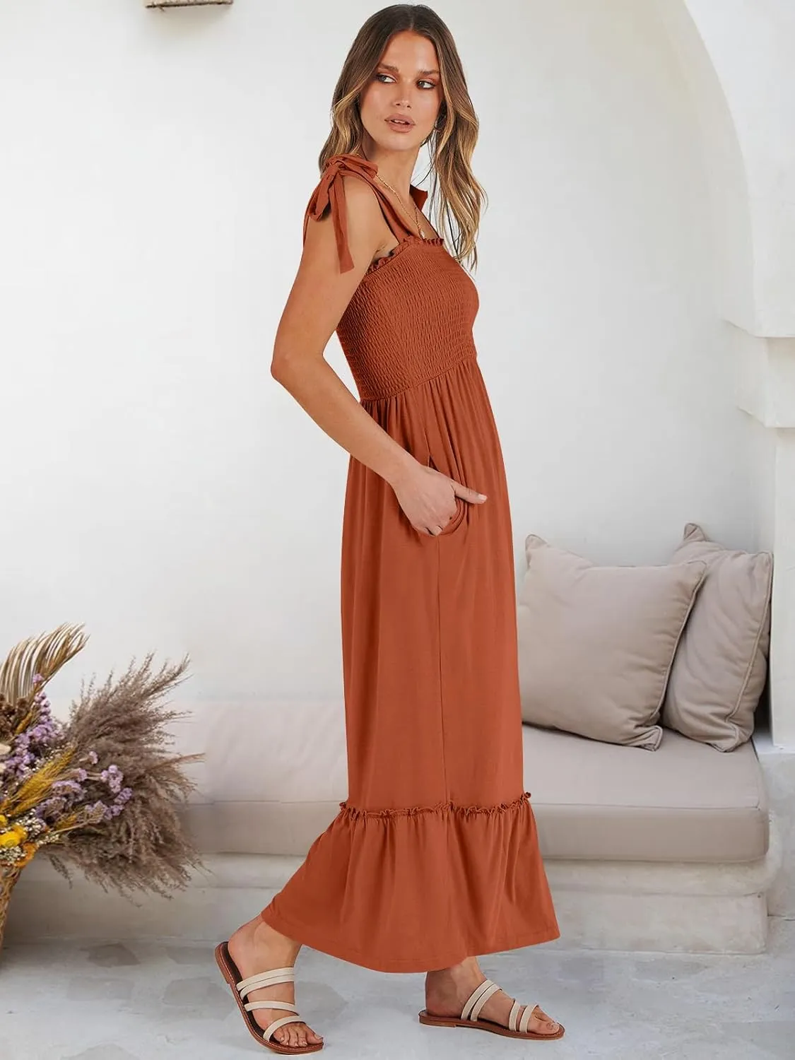 ANRABESS Women Summer Casual Strap Smocked Maxi Flowy Tiered A Line Beach Travel Sundress Wedding Guest Outfits